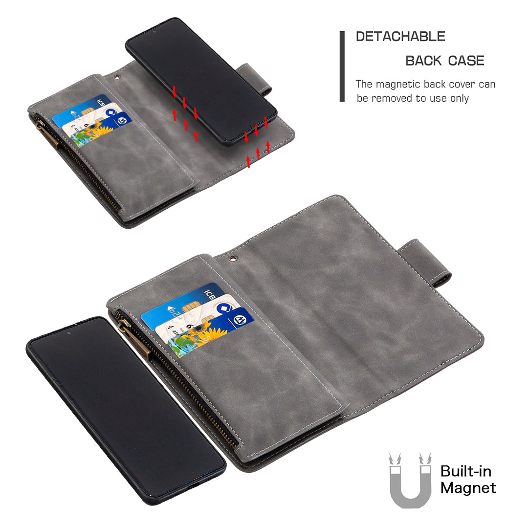 Zipper Pocket Detachable 2-in-1 Leather Wallet Stand Cell Phone Cover for Samsung Galaxy S20 Plus/S20 Plus 5G - Grey