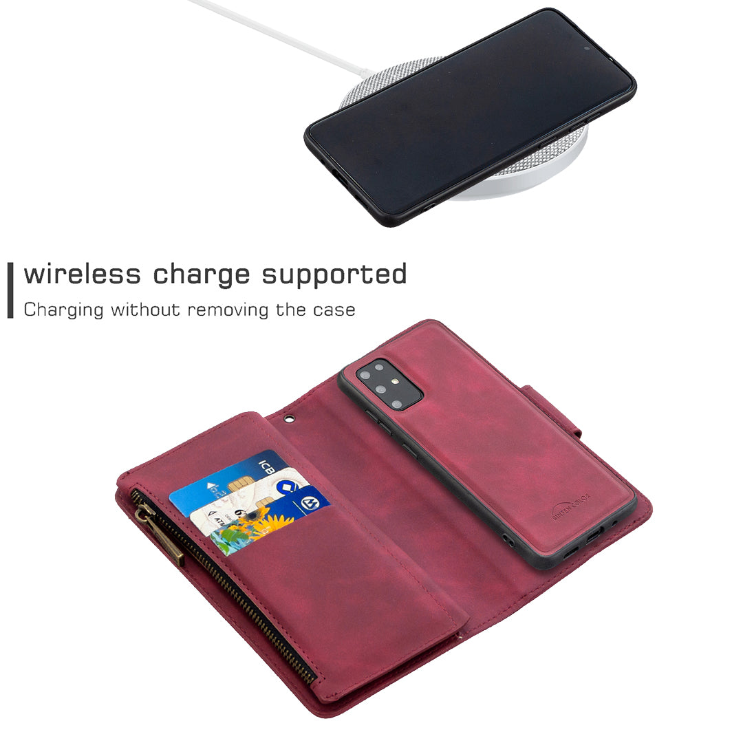 Zipper Pocket Detachable 2-in-1 Leather Wallet Stand Cell Phone Cover for Samsung Galaxy S20 Plus/S20 Plus 5G - Red