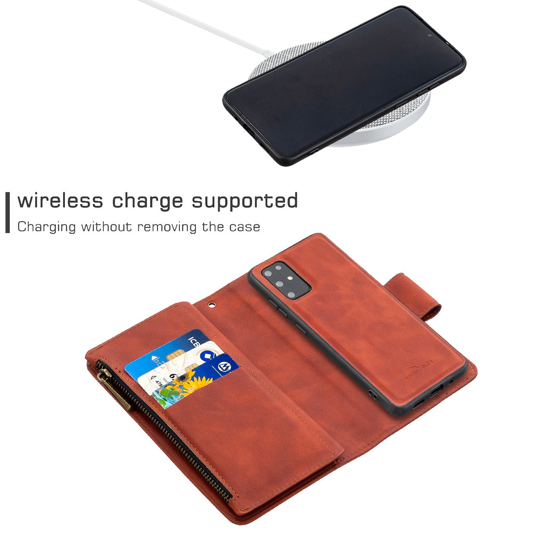 Zipper Pocket Detachable 2-in-1 Leather Wallet Stand Cell Phone Cover for Samsung Galaxy S20 Plus/S20 Plus 5G - Brown