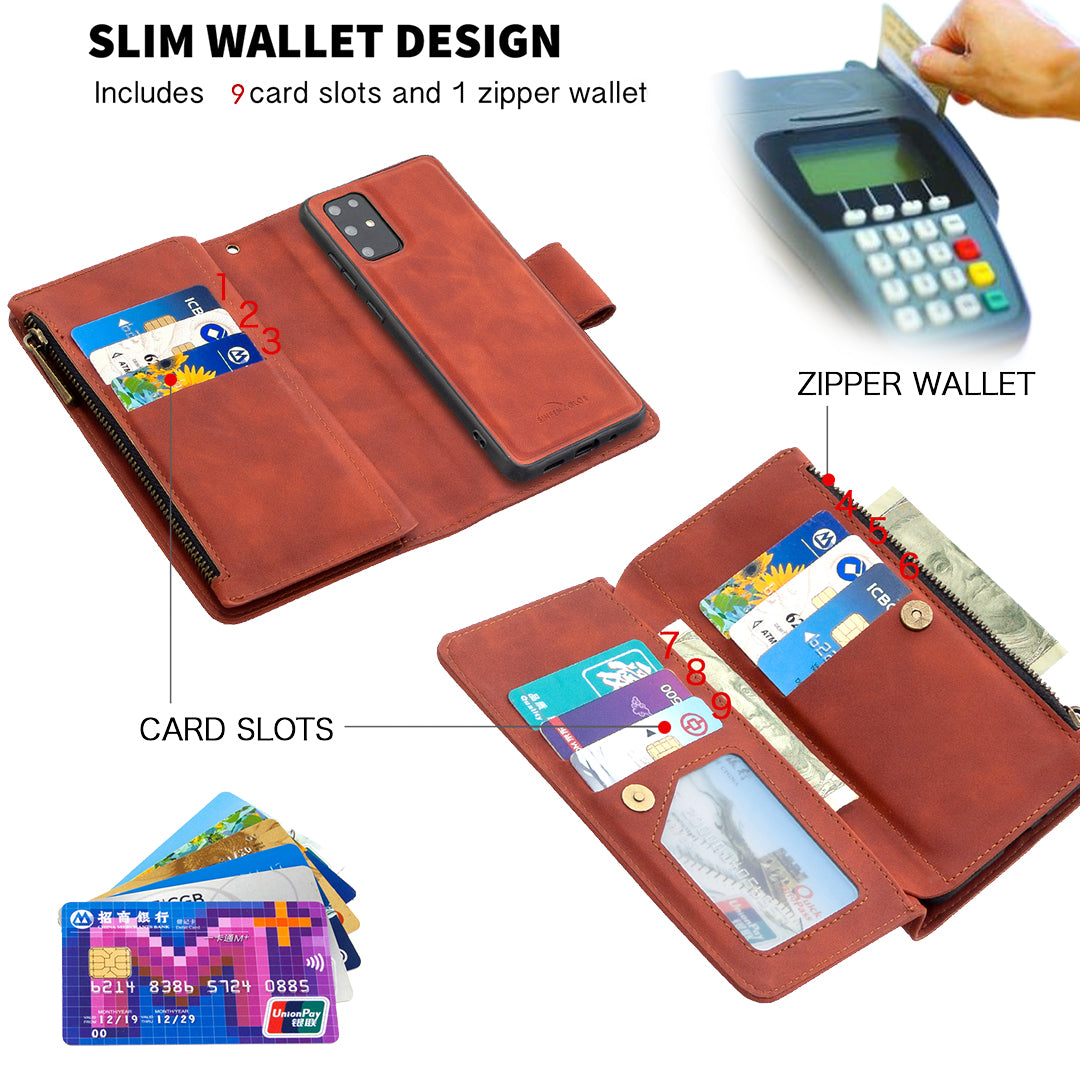 Zipper Pocket Detachable 2-in-1 Leather Wallet Stand Cell Phone Cover for Samsung Galaxy S20 Plus/S20 Plus 5G - Brown