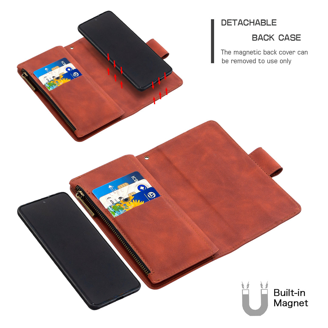 Zipper Pocket Detachable 2-in-1 Leather Wallet Stand Cell Phone Cover for Samsung Galaxy S20 Plus/S20 Plus 5G - Brown