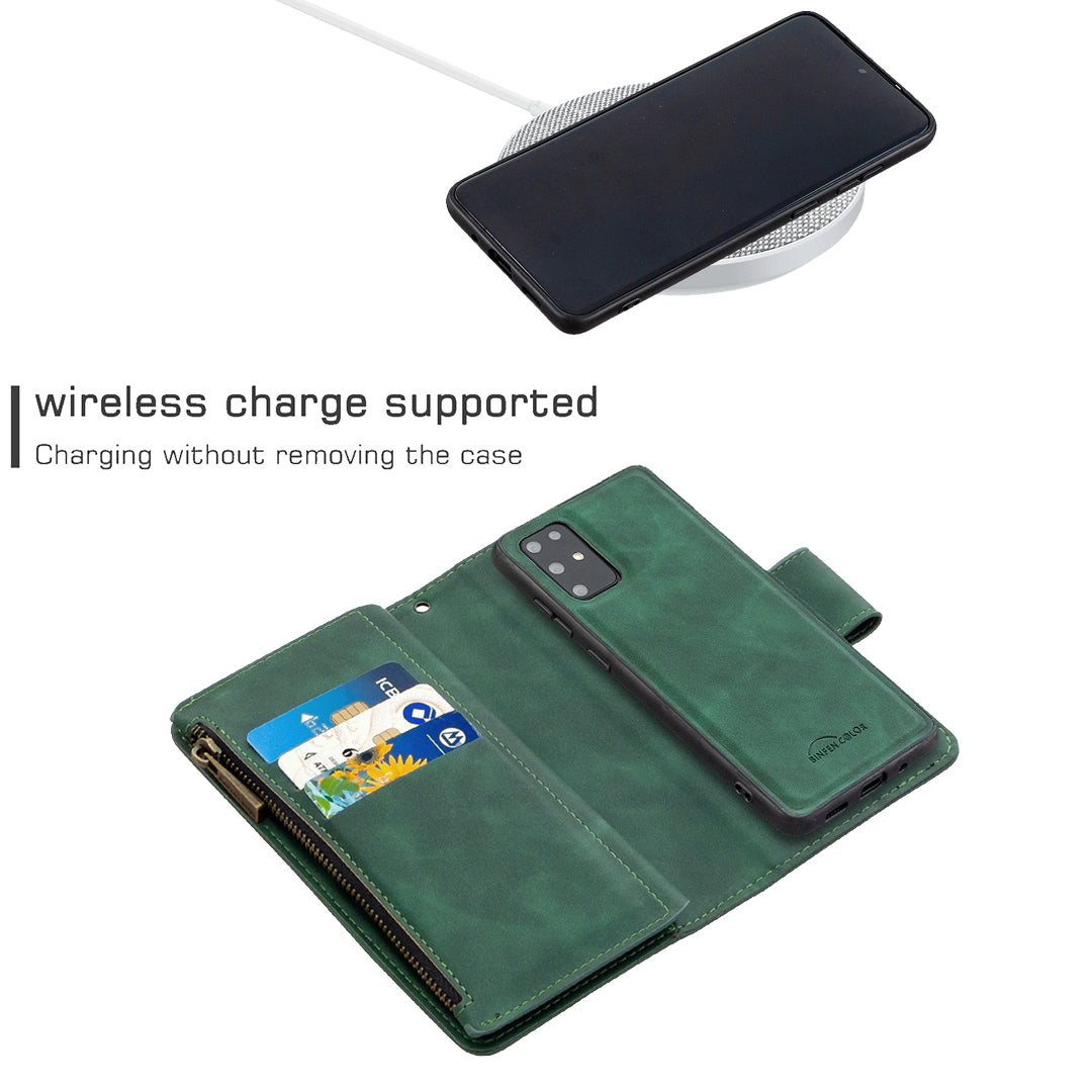 Zipper Pocket Detachable 2-in-1 Leather Wallet Stand Cell Phone Cover for Samsung Galaxy S20 Plus/S20 Plus 5G - Green