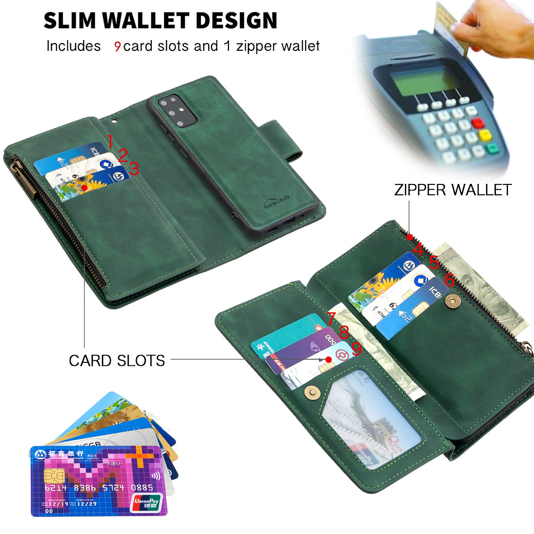 Zipper Pocket Detachable 2-in-1 Leather Wallet Stand Cell Phone Cover for Samsung Galaxy S20 Plus/S20 Plus 5G - Green