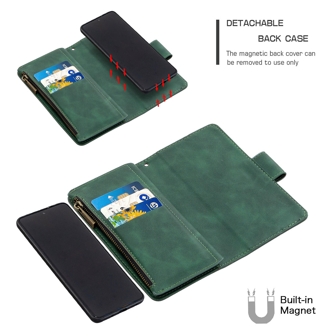 Zipper Pocket Detachable 2-in-1 Leather Wallet Stand Cell Phone Cover for Samsung Galaxy S20 Plus/S20 Plus 5G - Green