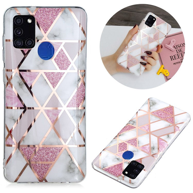 Marble Pattern Electroplating IMD TPU Phone Protective Shell for Samsung Galaxy A21s - White/Pink