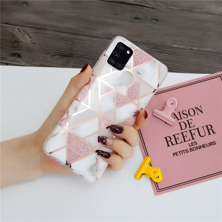Marble Pattern Electroplating IMD TPU Phone Protective Shell for Samsung Galaxy A21s - White/Pink