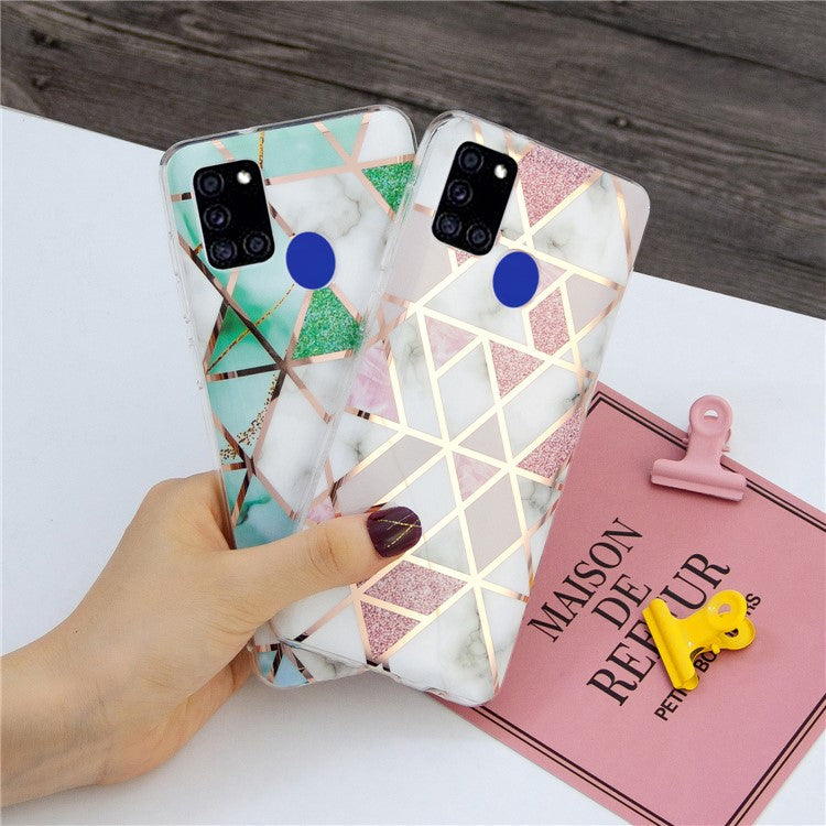 Marble Pattern Electroplating IMD TPU Phone Protective Shell for Samsung Galaxy A21s - White/Pink