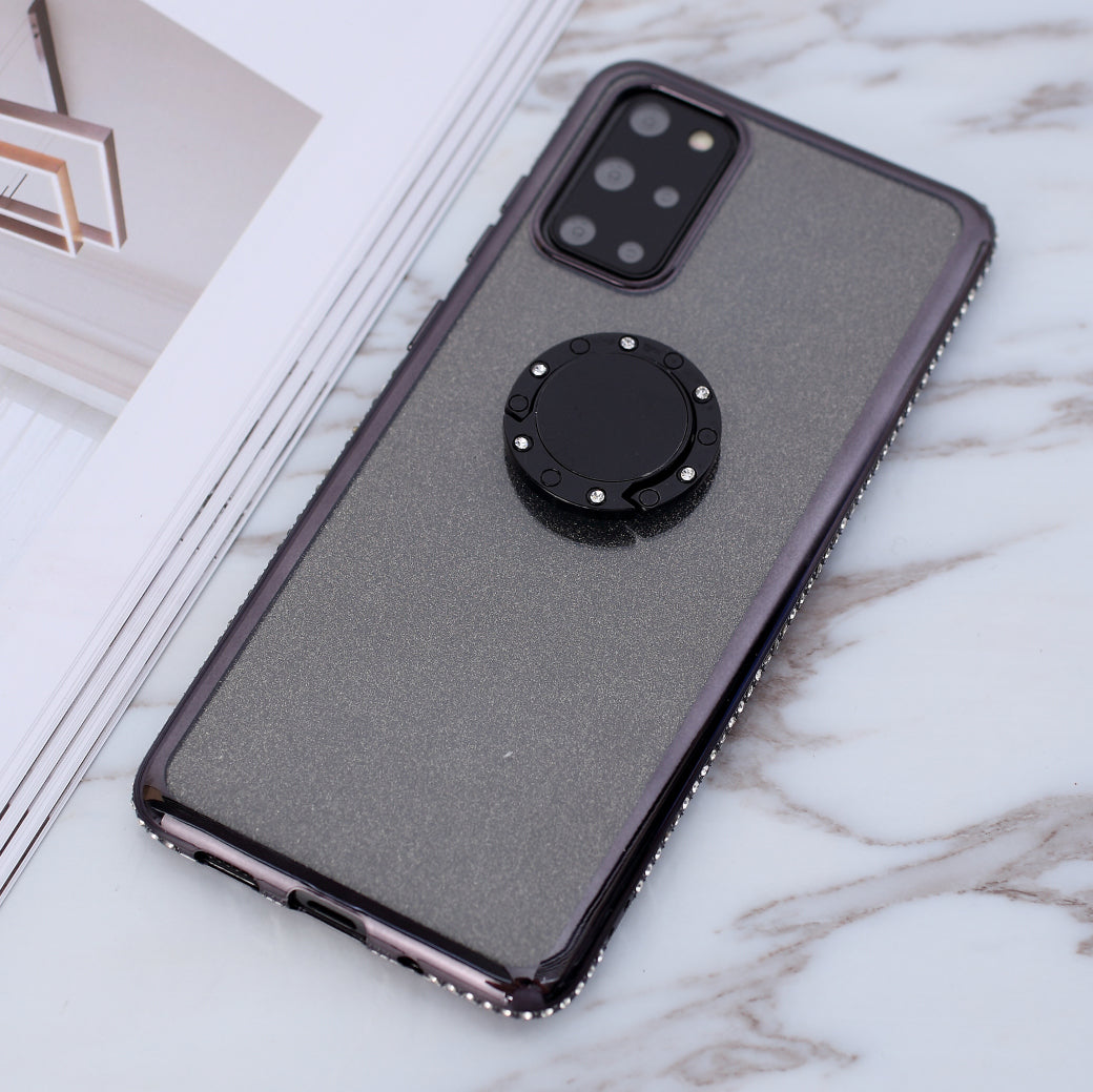 Glittery Powder Electroplating TPU Shell with Metal Kickstand for Samsung Galaxy S20 Plus - Black