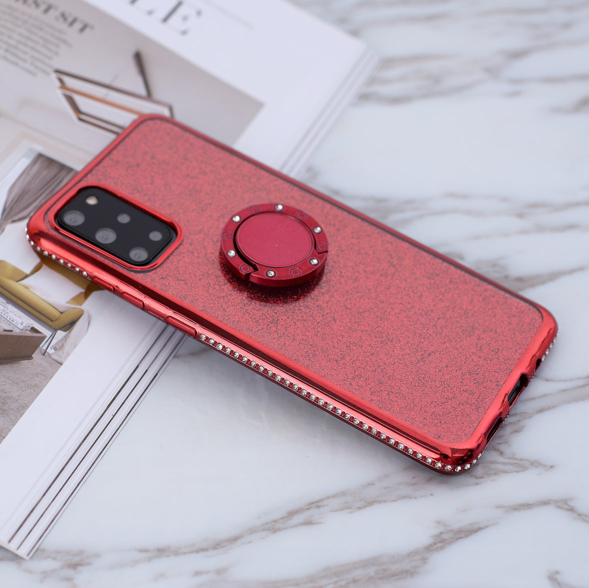 Glittery Powder Electroplating TPU Shell with Metal Kickstand for Samsung Galaxy S20 Plus - Red