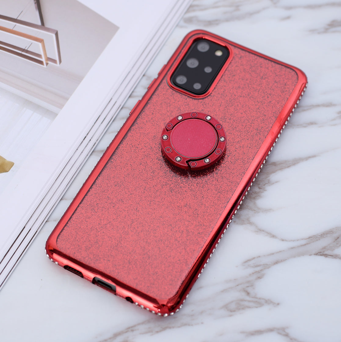Glittery Powder Electroplating TPU Shell with Metal Kickstand for Samsung Galaxy S20 Plus - Red