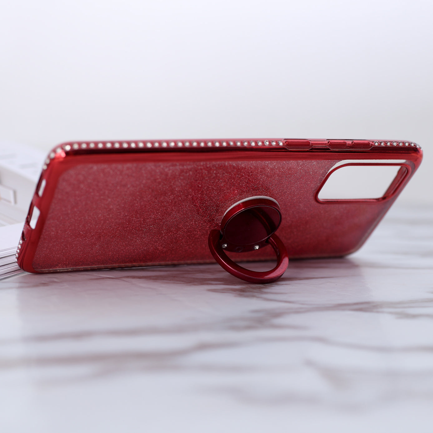 Glittery Powder Electroplating TPU Shell with Metal Kickstand for Samsung Galaxy S20 Plus - Red