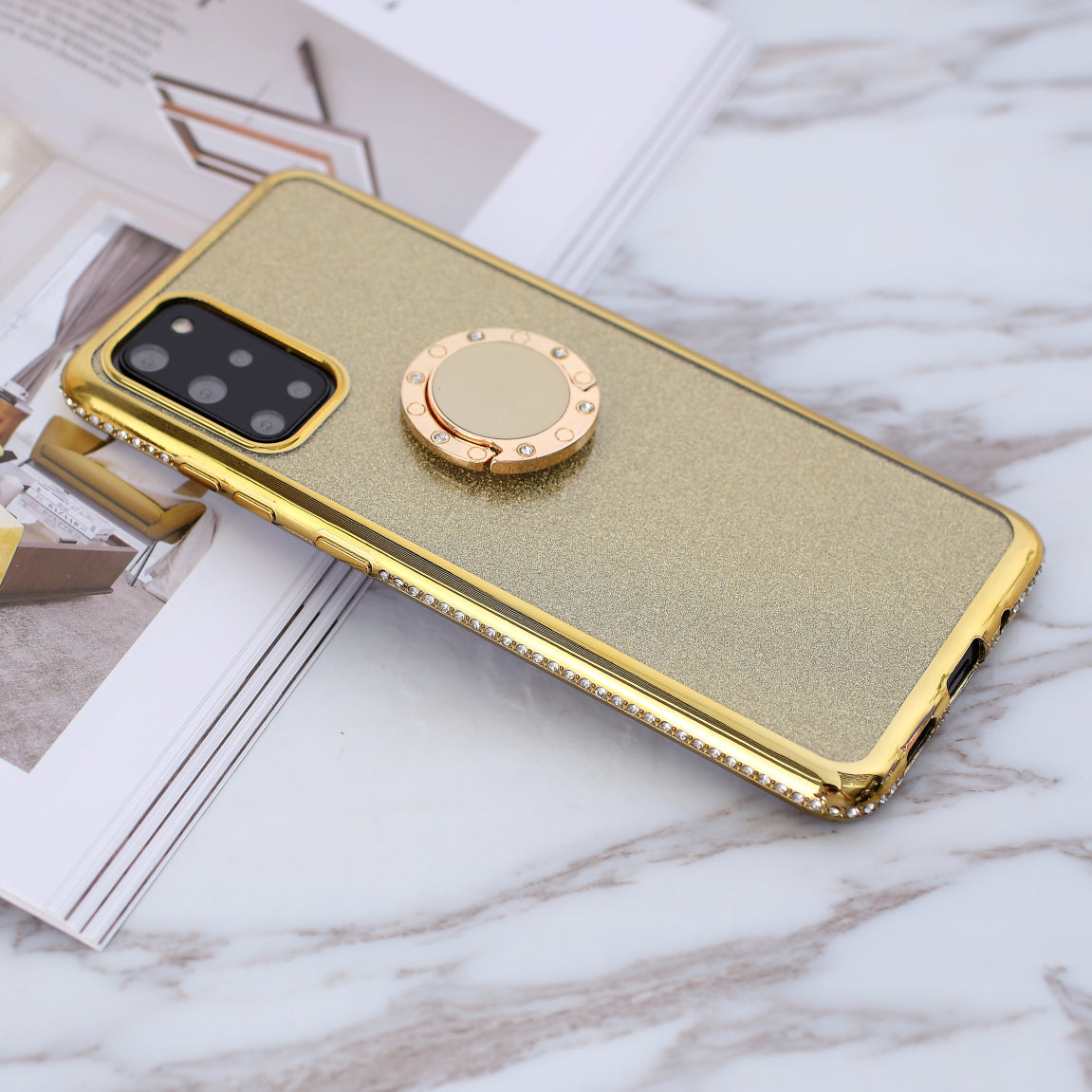 Glittery Powder Electroplating TPU Shell with Metal Kickstand for Samsung Galaxy S20 Plus - Gold