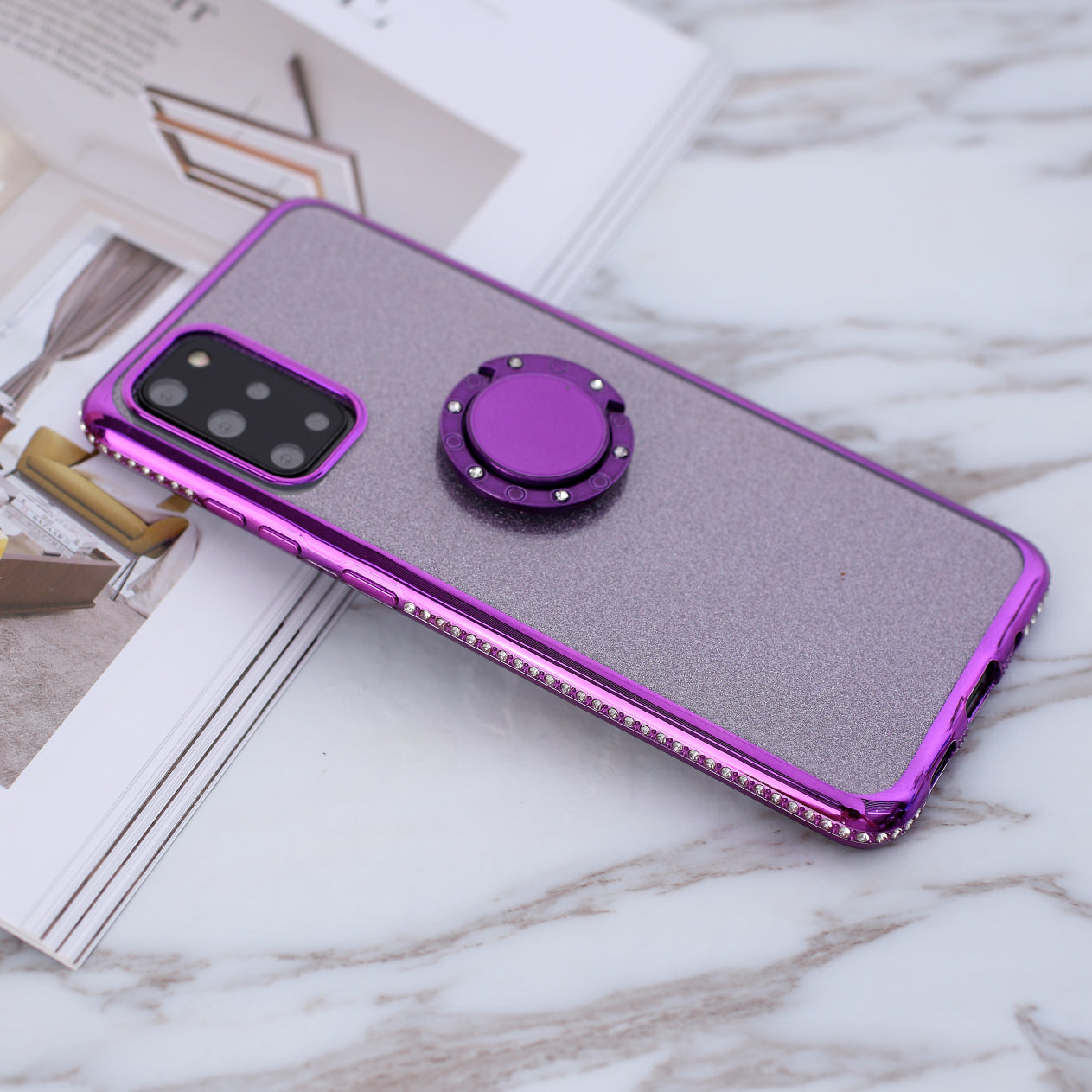 Glittery Powder Electroplating TPU Shell with Metal Kickstand for Samsung Galaxy S20 Plus - Purple