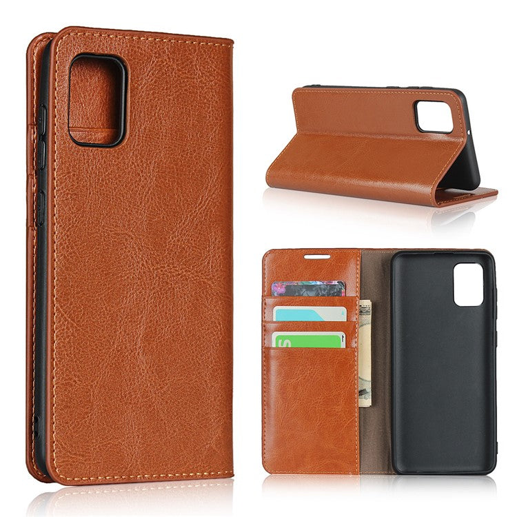 Crazy Horse Wallet Stand Genuine Leather Case for Samsung Galaxy A31 - Brown