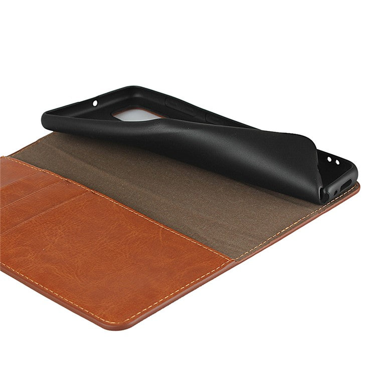Crazy Horse Wallet Stand Genuine Leather Case for Samsung Galaxy A31 - Brown