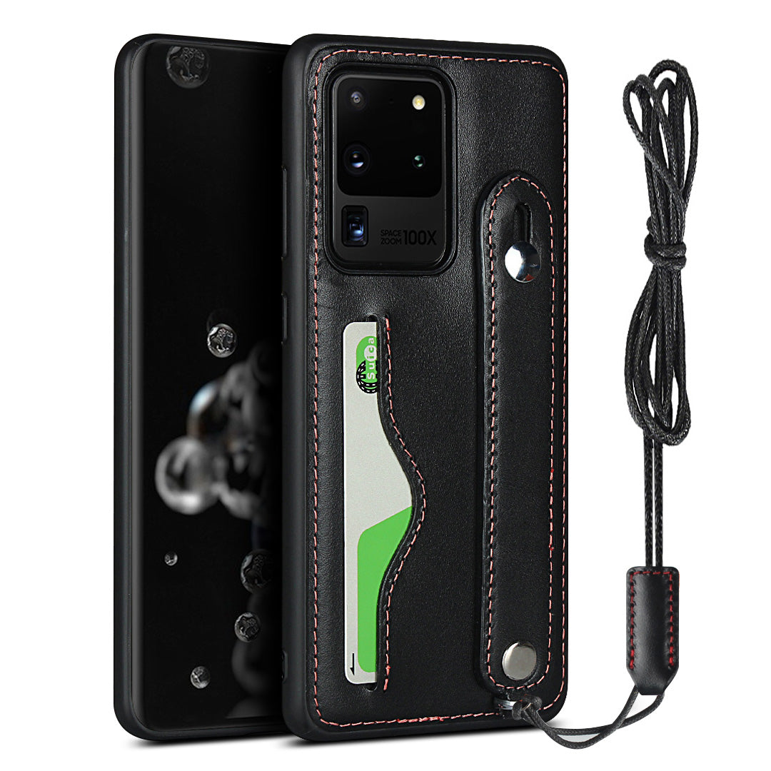 Genuine Leather Coated TPU Case with Handy Strap Card Slot Lanyard for Samsung Galaxy S20 Ultra - Black
