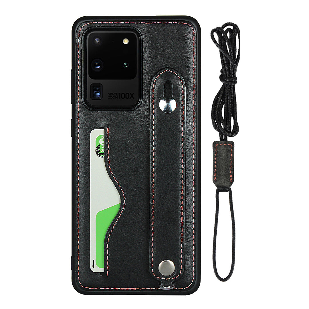 Genuine Leather Coated TPU Case with Handy Strap Card Slot Lanyard for Samsung Galaxy S20 Ultra - Black