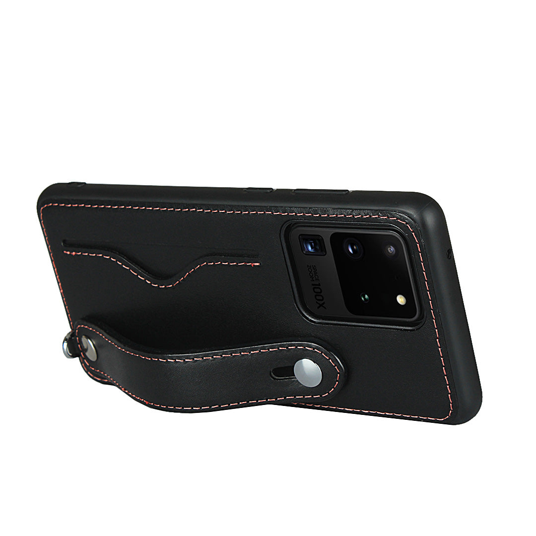 Genuine Leather Coated TPU Case with Handy Strap Card Slot Lanyard for Samsung Galaxy S20 Ultra - Black