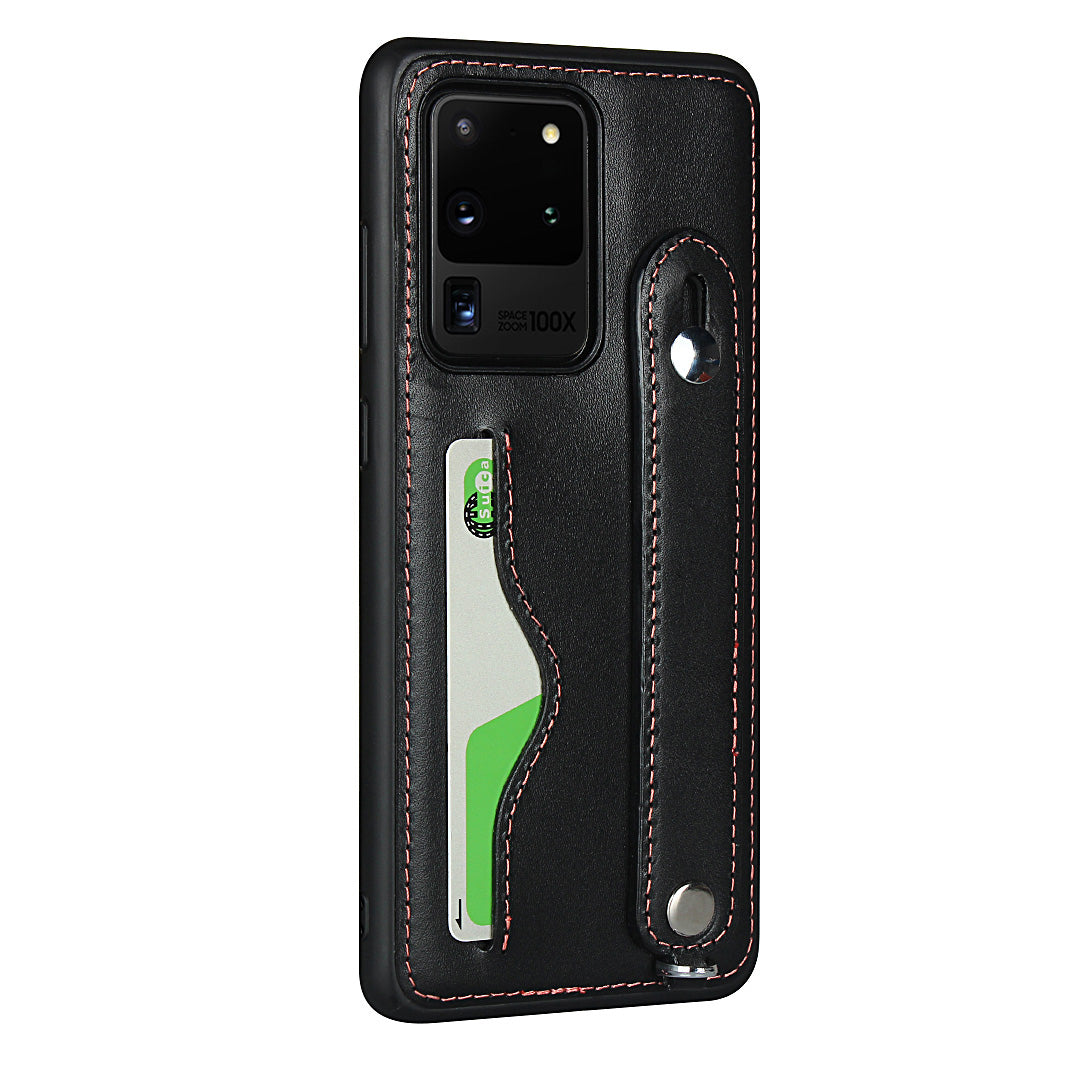 Genuine Leather Coated TPU Case with Handy Strap Card Slot Lanyard for Samsung Galaxy S20 Ultra - Black