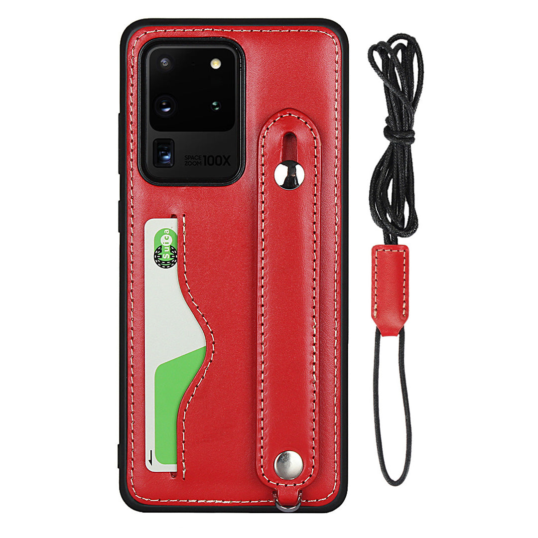Genuine Leather Coated TPU Case with Handy Strap Card Slot Lanyard for Samsung Galaxy S20 Ultra - Red
