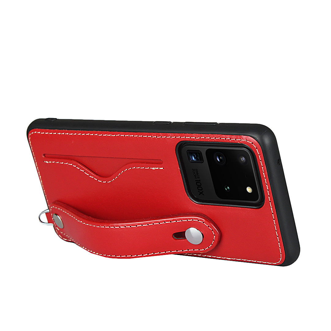 Genuine Leather Coated TPU Case with Handy Strap Card Slot Lanyard for Samsung Galaxy S20 Ultra - Red