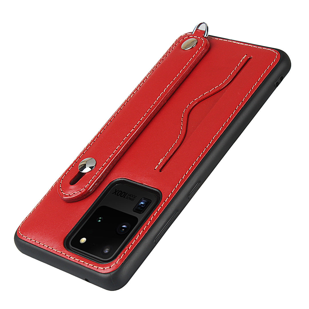 Genuine Leather Coated TPU Case with Handy Strap Card Slot Lanyard for Samsung Galaxy S20 Ultra - Red