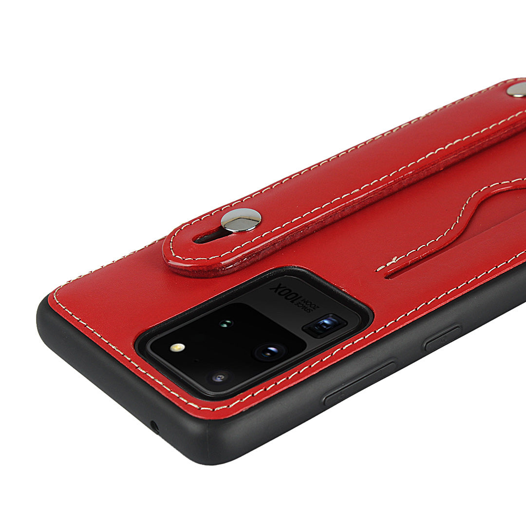 Genuine Leather Coated TPU Case with Handy Strap Card Slot Lanyard for Samsung Galaxy S20 Ultra - Red