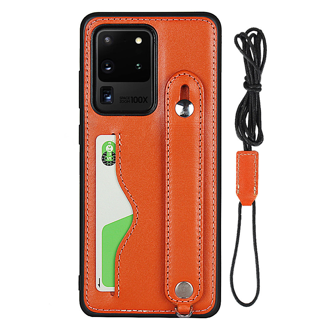 Genuine Leather Coated TPU Case with Handy Strap Card Slot Lanyard for Samsung Galaxy S20 Ultra - Orange