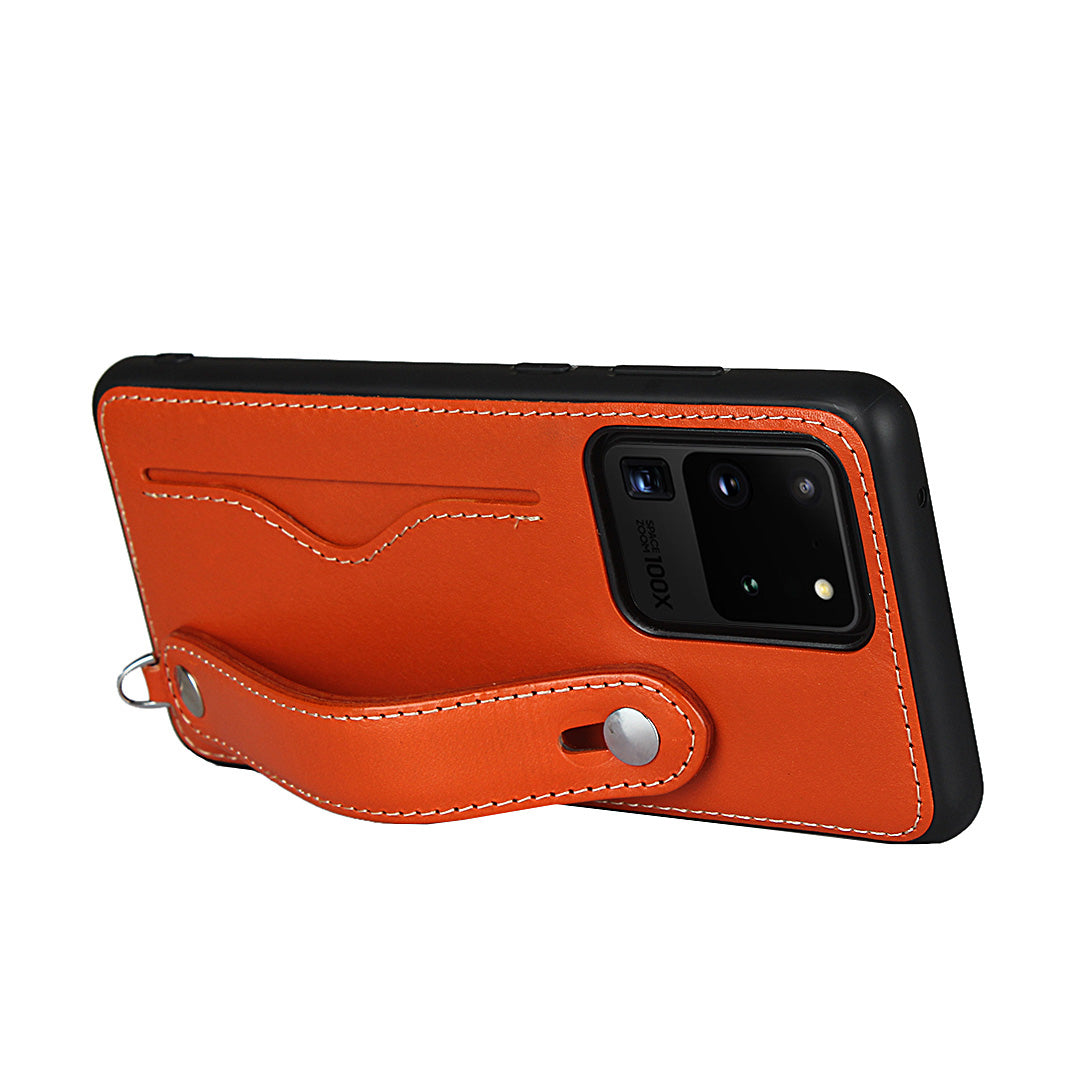 Genuine Leather Coated TPU Case with Handy Strap Card Slot Lanyard for Samsung Galaxy S20 Ultra - Orange