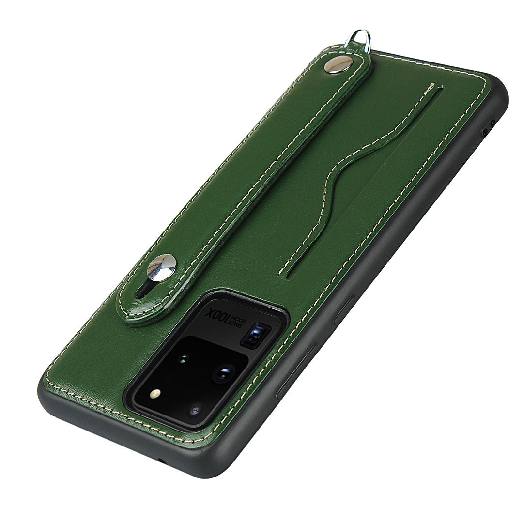 Genuine Leather Coated TPU Case with Handy Strap Card Slot Lanyard for Samsung Galaxy S20 Ultra - Green