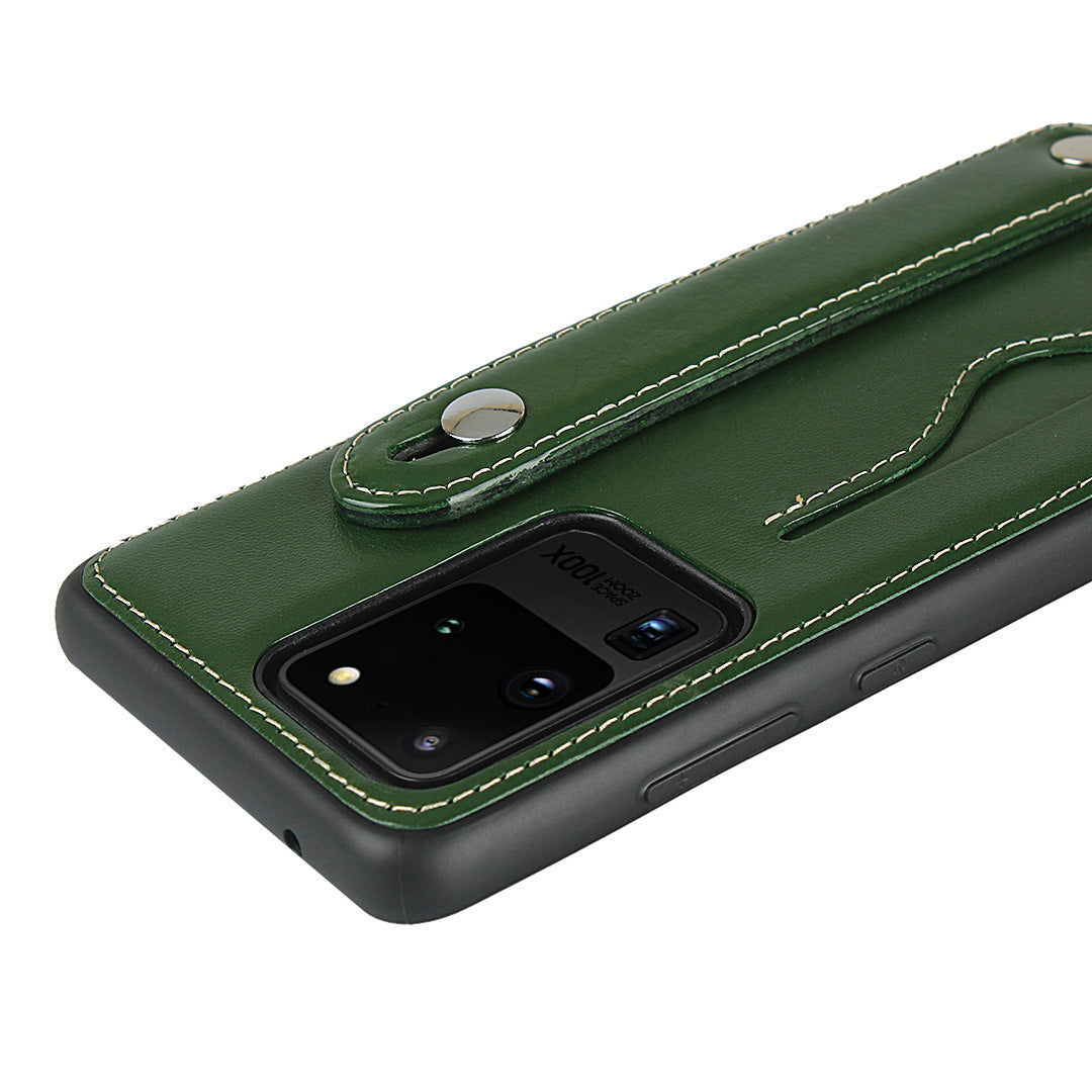 Genuine Leather Coated TPU Case with Handy Strap Card Slot Lanyard for Samsung Galaxy S20 Ultra - Green