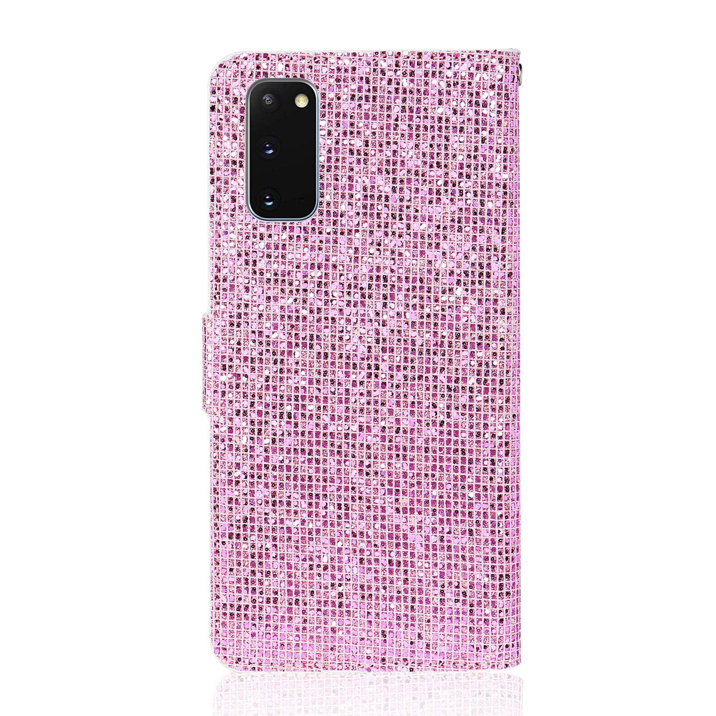 Glittery Powder Splicing Wallet Stand Leather Cover for Samsung Galaxy S20 4G/S20 5G - Rose Gold