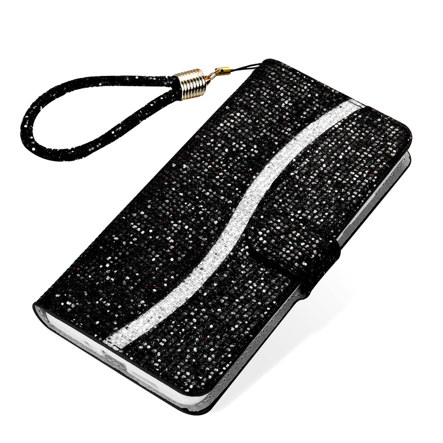 Glittery Powder Splicing Wallet Stand Leather Shell for Samsung Galaxy S20 Plus - Black