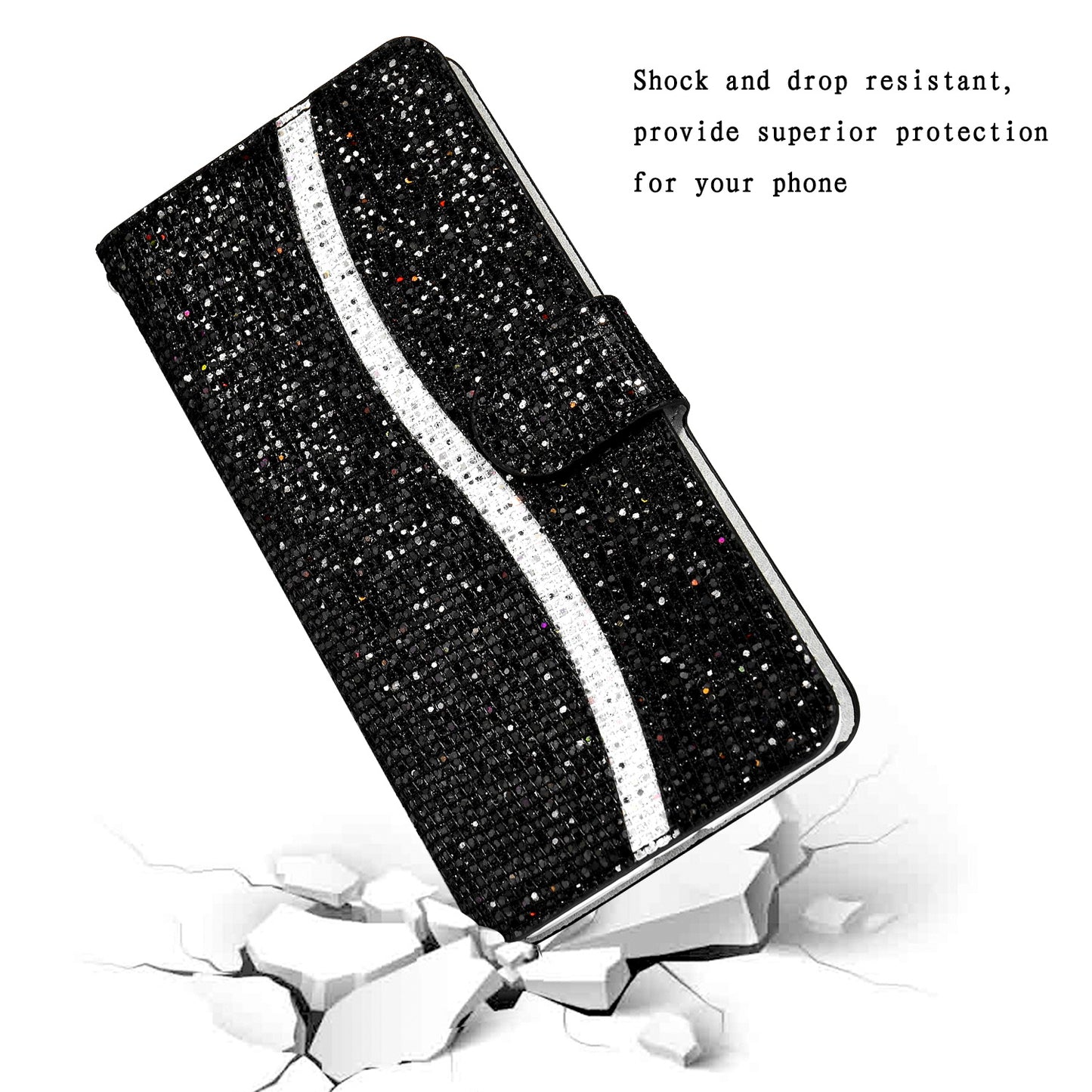Glittery Powder Splicing Wallet Stand Leather Shell for Samsung Galaxy S20 Plus - Black