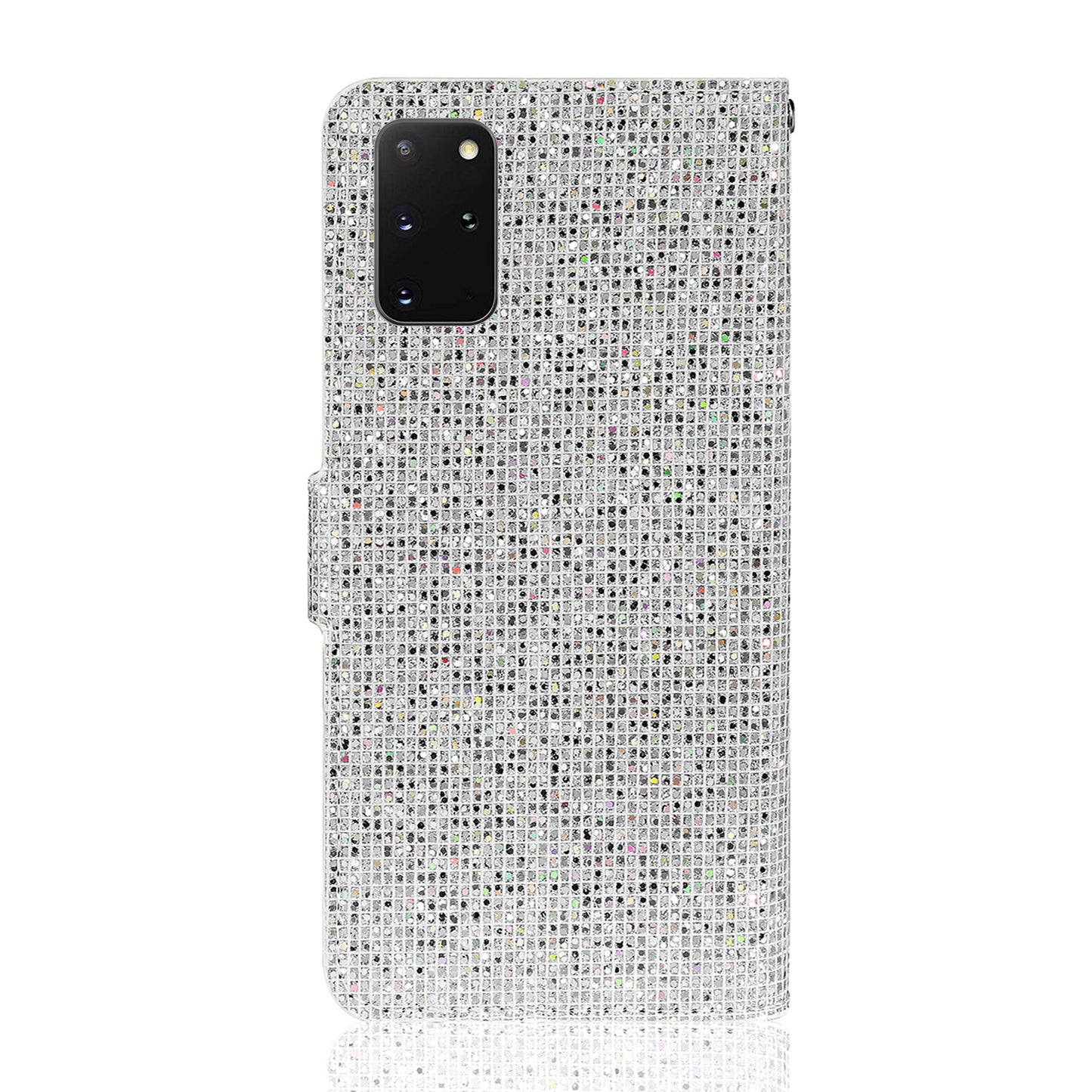 Glittery Powder Splicing Wallet Stand Leather Shell for Samsung Galaxy S20 Plus - Silver