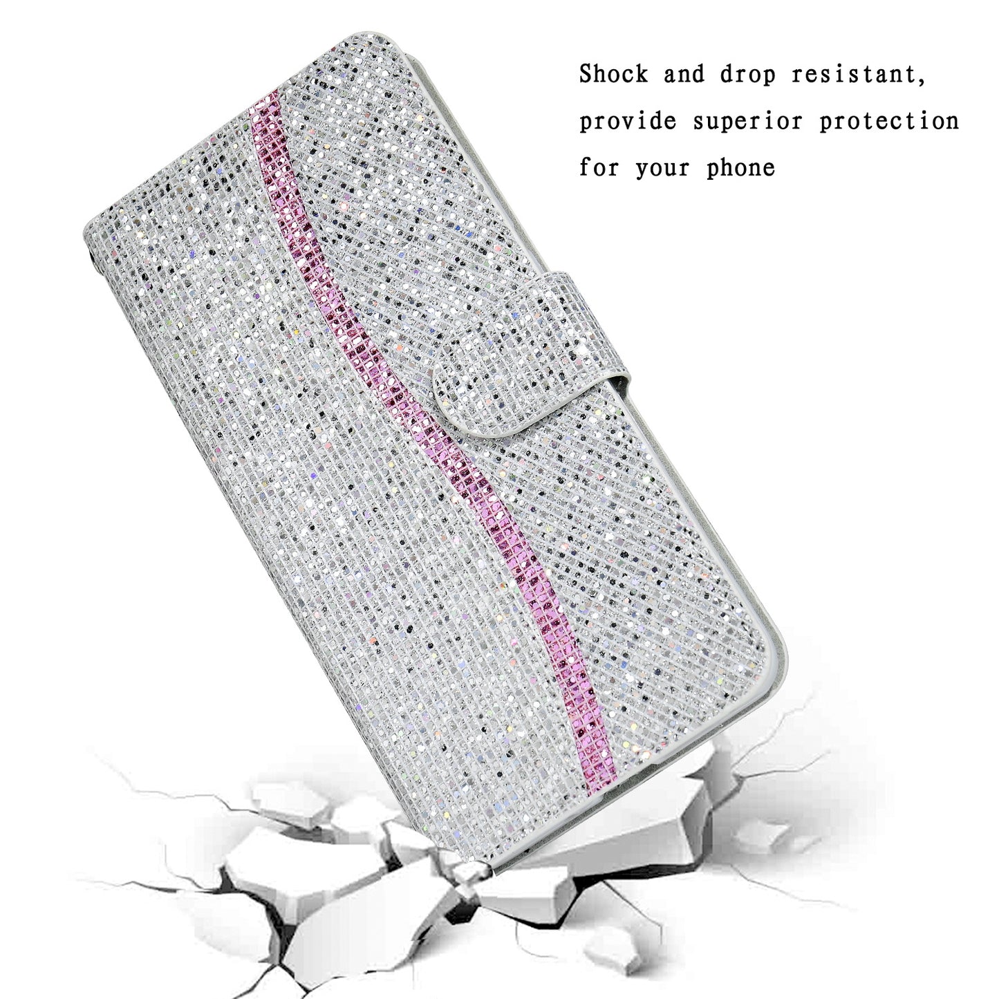 Glittery Powder Splicing Wallet Stand Leather Shell for Samsung Galaxy S20 Plus - Silver