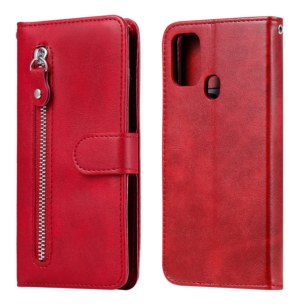 Zipper Pocket Leather Wallet Stand Case for Samsung Galaxy M31 - Red