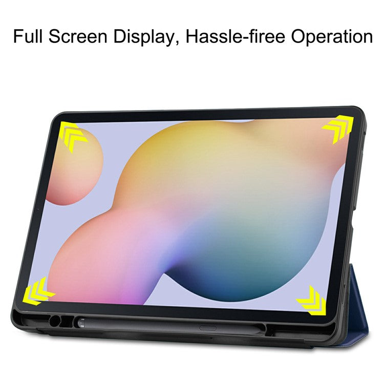 Stable Tri-fold Stand Leather Stand Case with Pen Slot for Samsung Galaxy Tab S7 T870 / S8 - Dark Blue