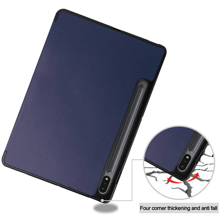 Stable Tri-fold Stand Leather Stand Case with Pen Slot for Samsung Galaxy Tab S7 T870 / S8 - Dark Blue