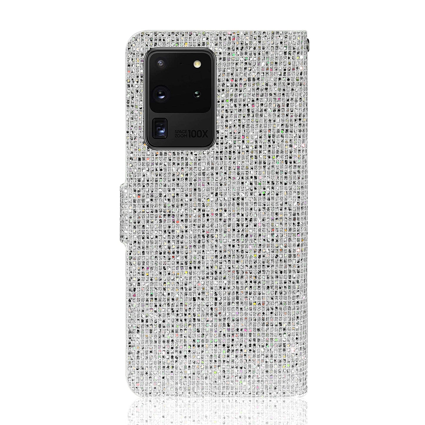 Glittery Powder Splicing Wallet Stand Leather Shell for Samsung Galaxy S20 Ultra - Silver