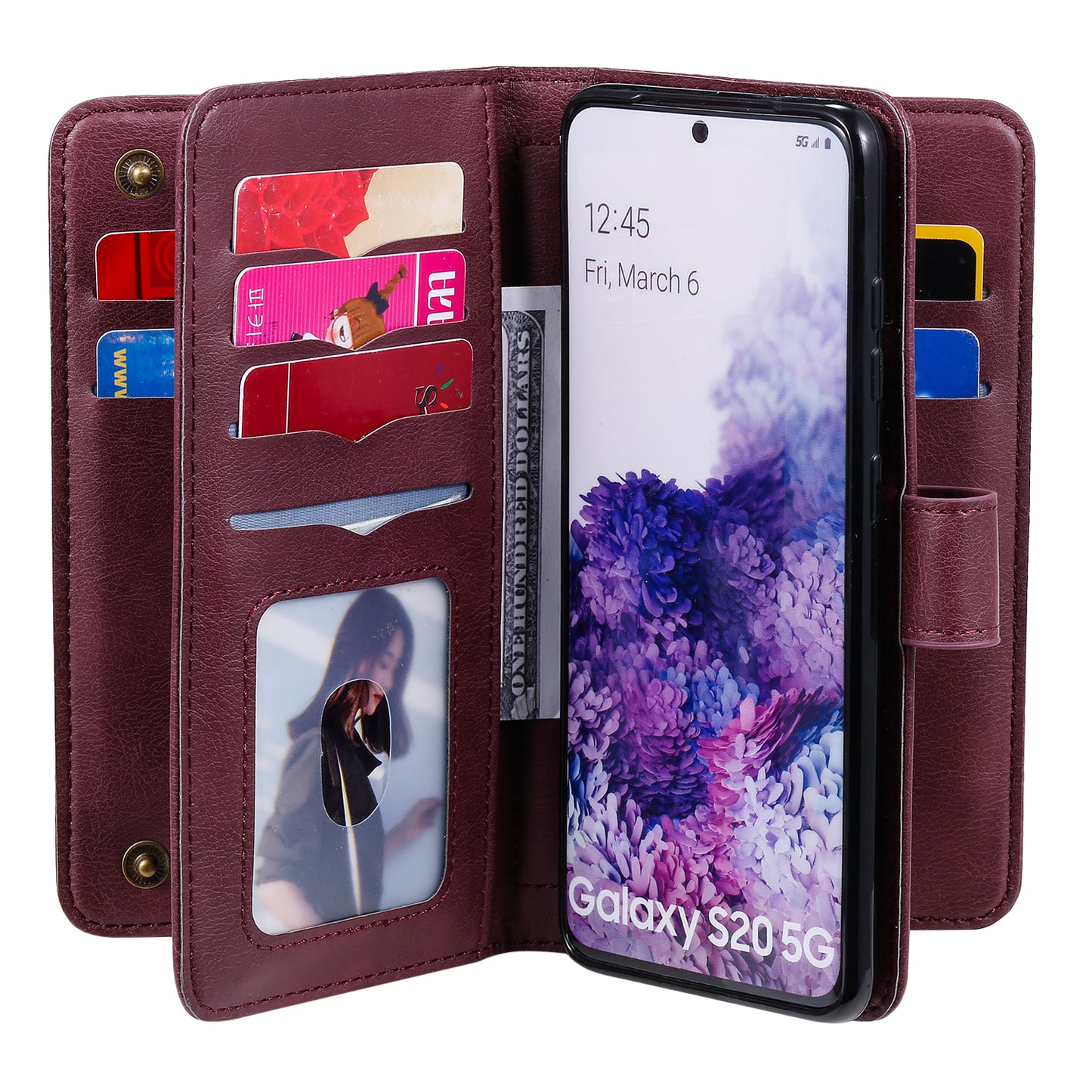 KT Multi-functional Series-1 10 Card Slots Wallet TPU+PU Leather Case with Stand for Samsung Galaxy S20 4G/S20 5G - Wine Red