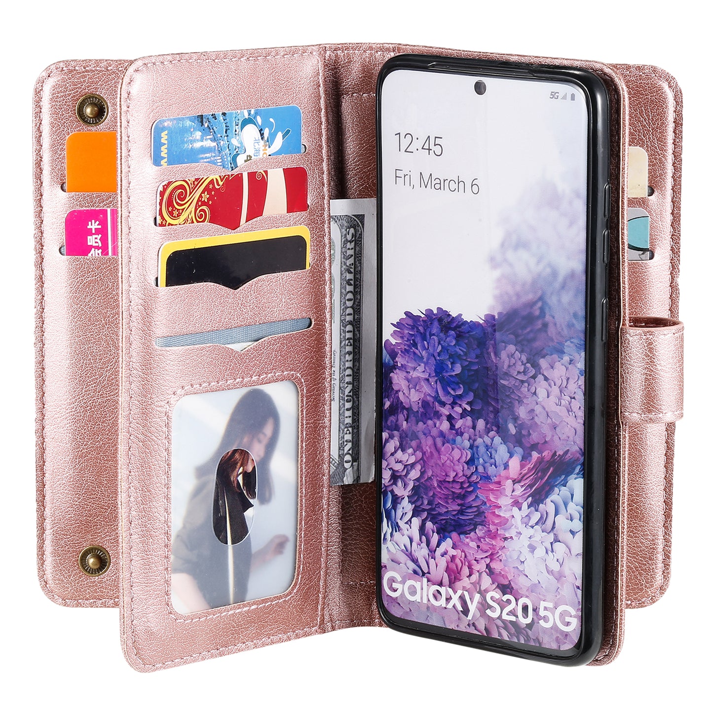 KT Multi-functional Series-1 10 Card Slots Wallet TPU+PU Leather Case with Stand for Samsung Galaxy S20 4G/S20 5G - Rose Gold