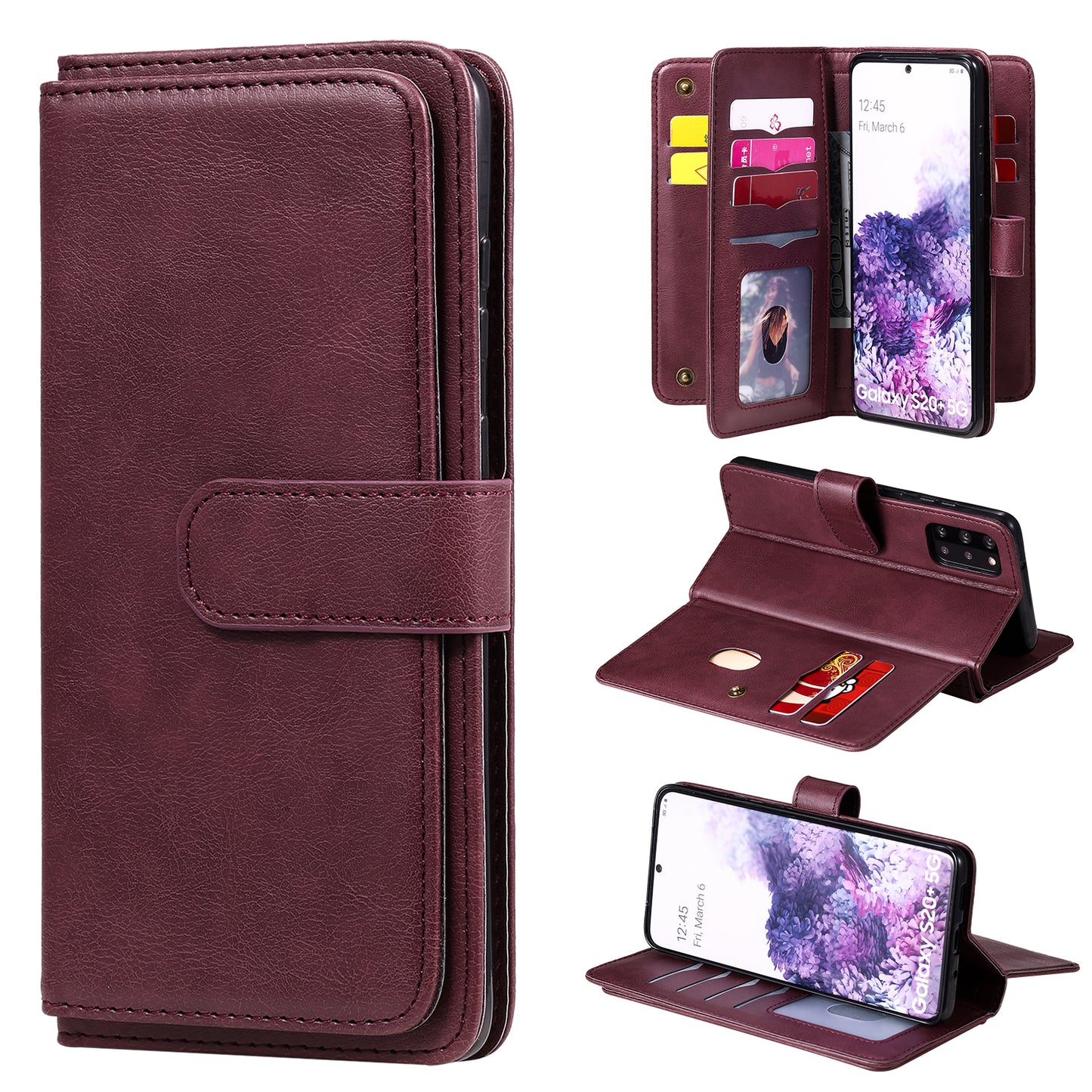 For Samsung Galaxy S20 Plus/S20 Plus 5G KT Multi-functional Series-1 10 Card Slots Wallet TPU+PU Leather Cover with Stand - Wine Red