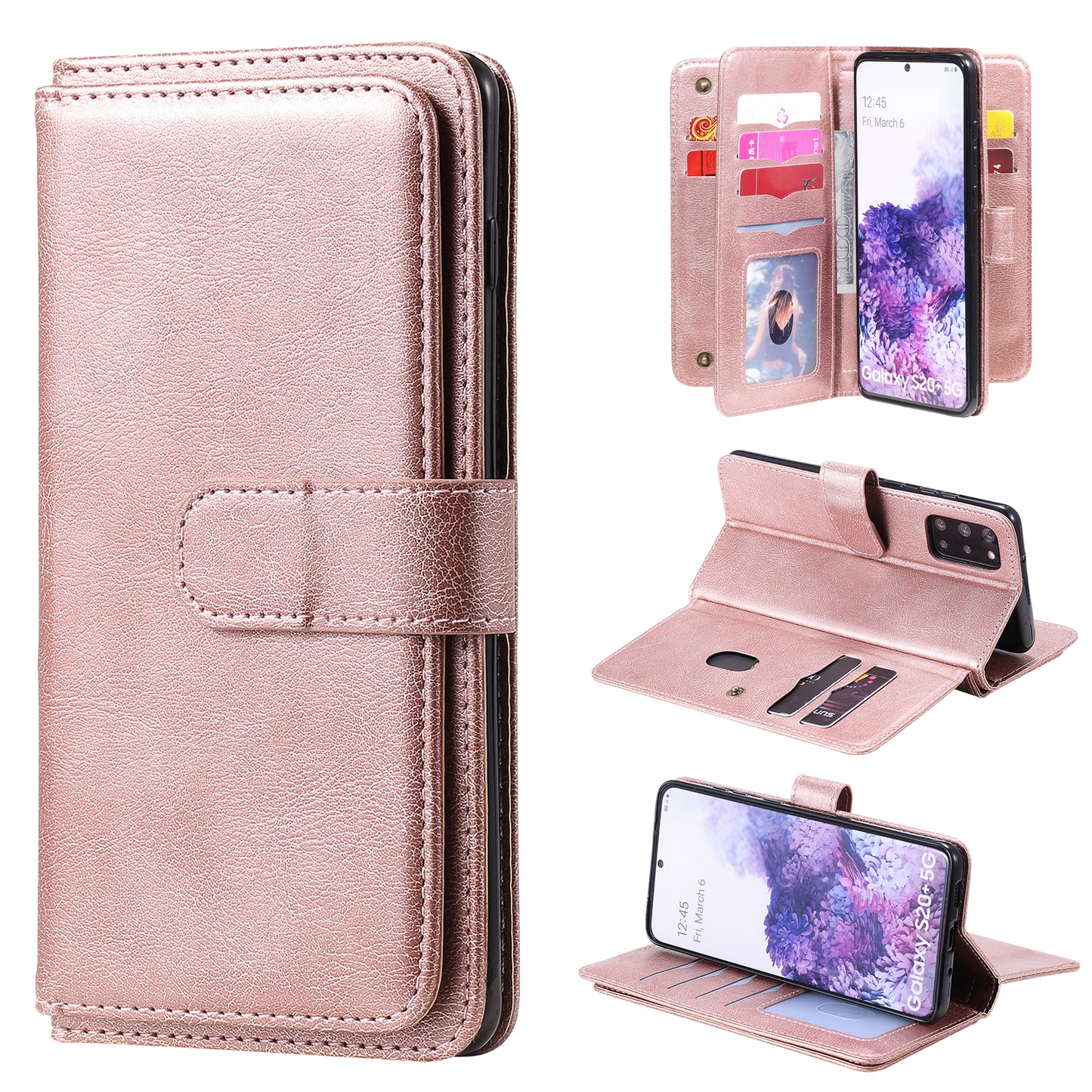 For Samsung Galaxy S20 Plus/S20 Plus 5G KT Multi-functional Series-1 10 Card Slots Wallet TPU+PU Leather Cover with Stand - Rose Gold