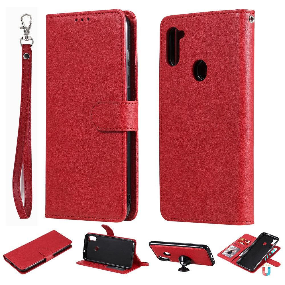 For Samsung Galaxy M11 Case 2 in 1 Detachable Magnetic Leather Wallet Mobile Cover with Strap - Red