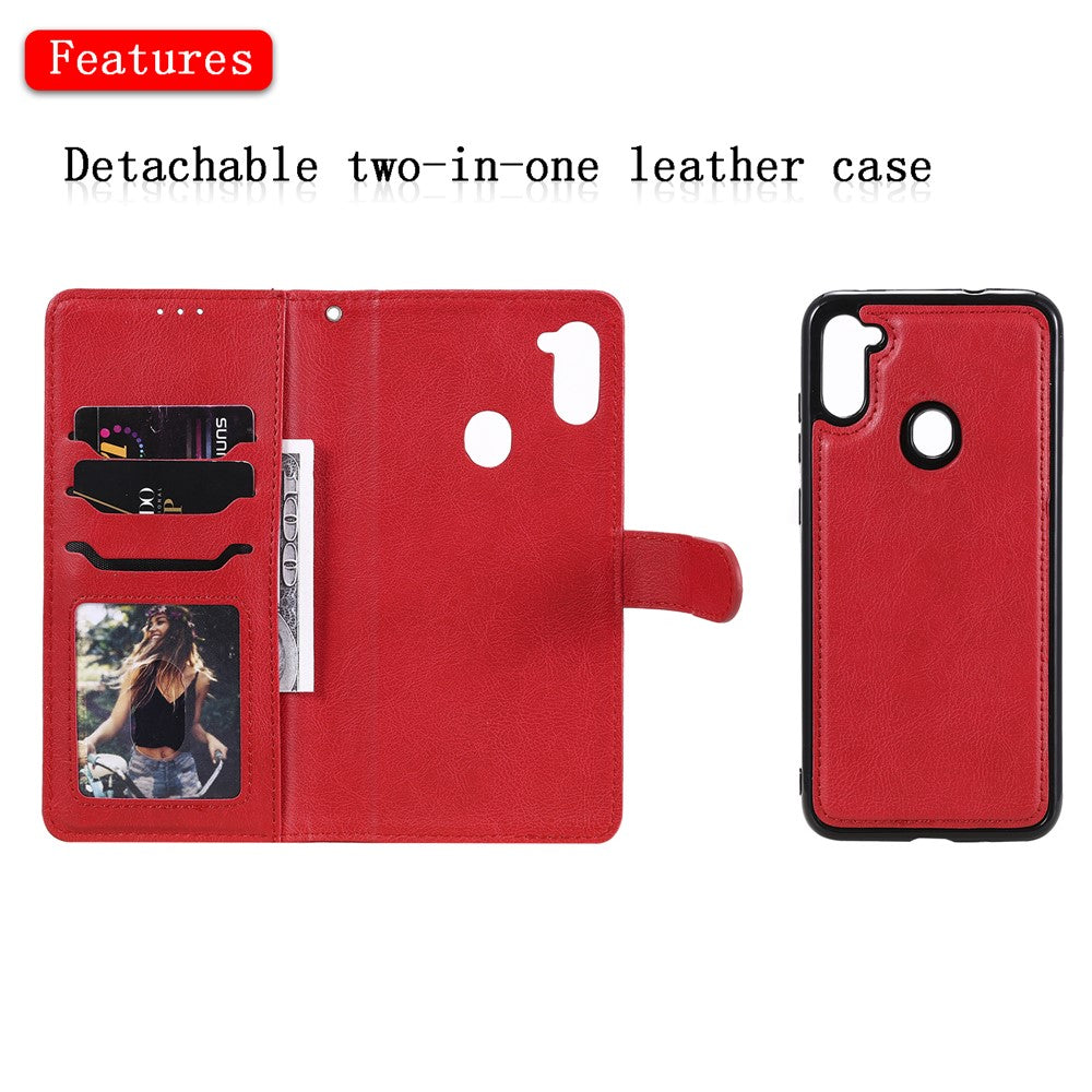 For Samsung Galaxy M11 Case 2 in 1 Detachable Magnetic Leather Wallet Mobile Cover with Strap - Red