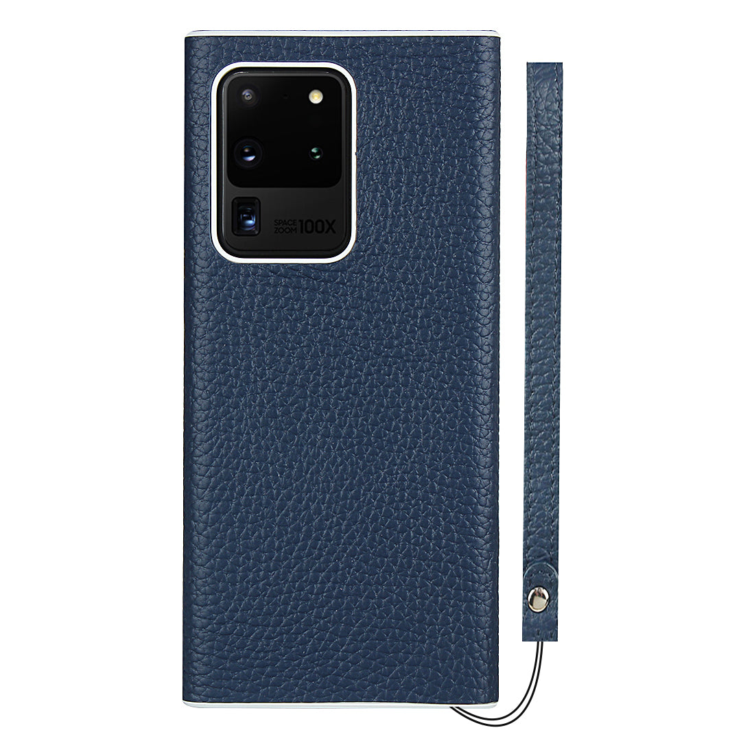 Litchi Skin Genuine Leather Coated TPU Phone Casing for Samsung Galaxy S20 Ultra - Blue