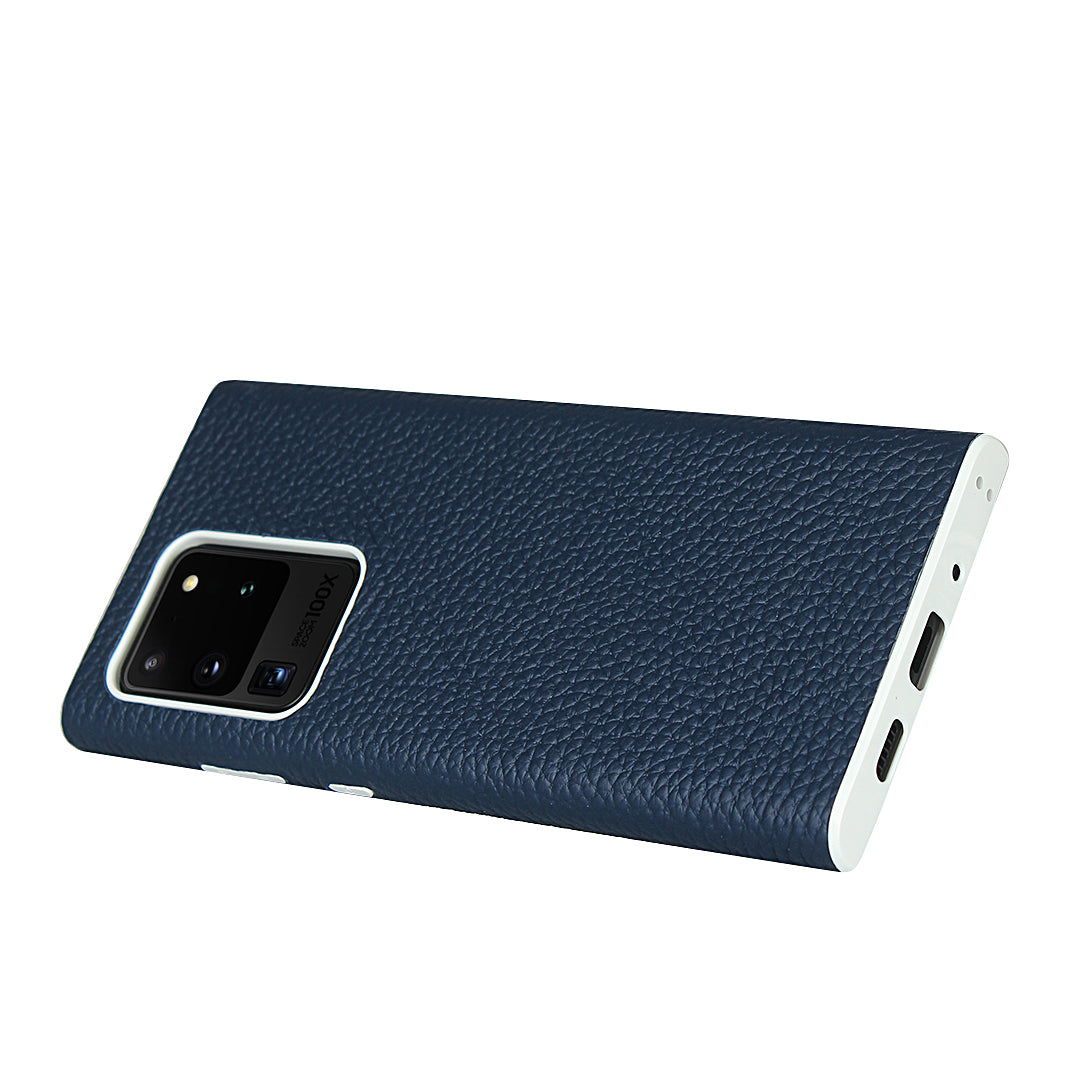 Litchi Skin Genuine Leather Coated TPU Phone Casing for Samsung Galaxy S20 Ultra - Blue