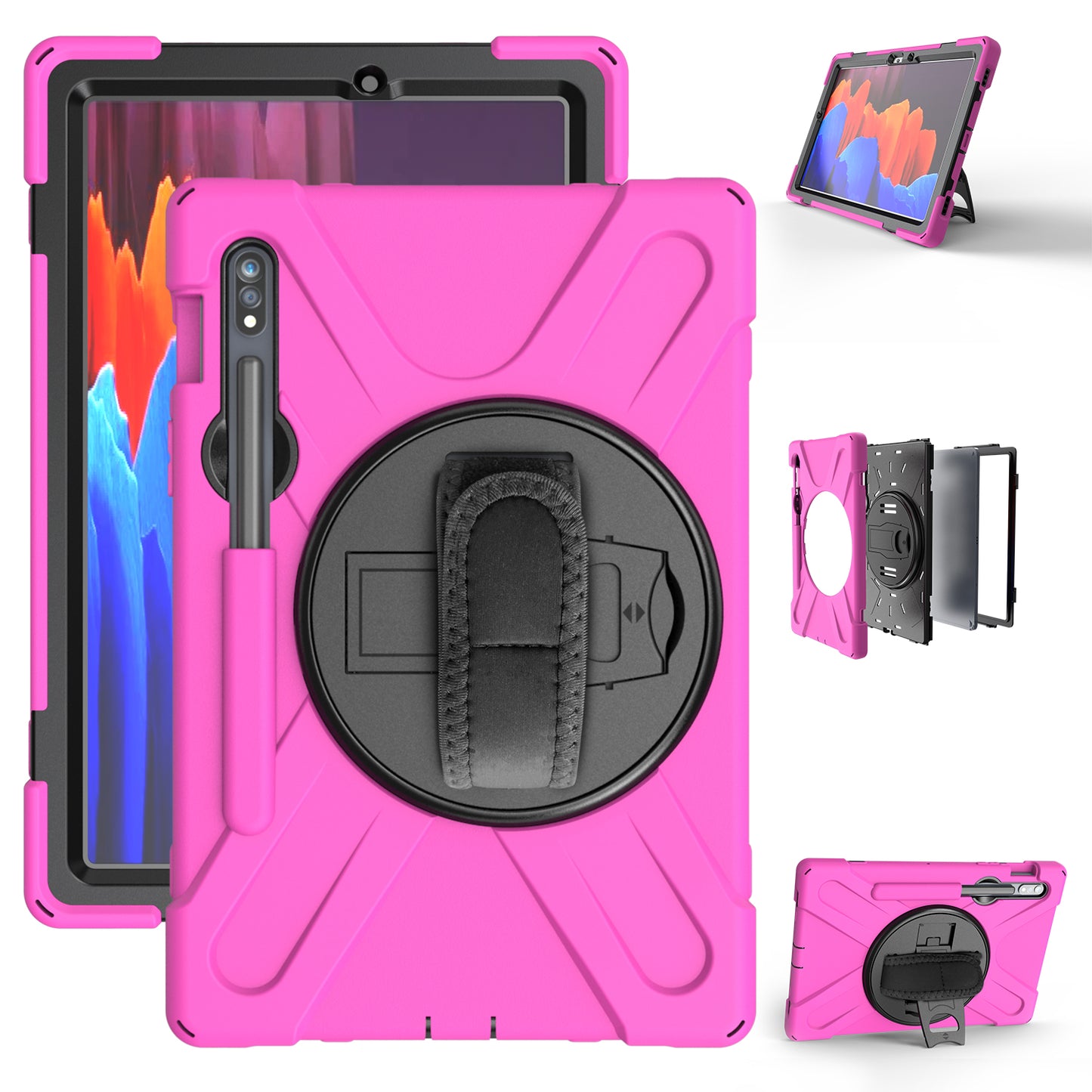 For Samsung Galaxy Tab S7 T870 T875 / S8 X700 / S9 X710 / S9 FE X510 360° Swivel Kickstand PC + Silicone Tablet Case - Rose