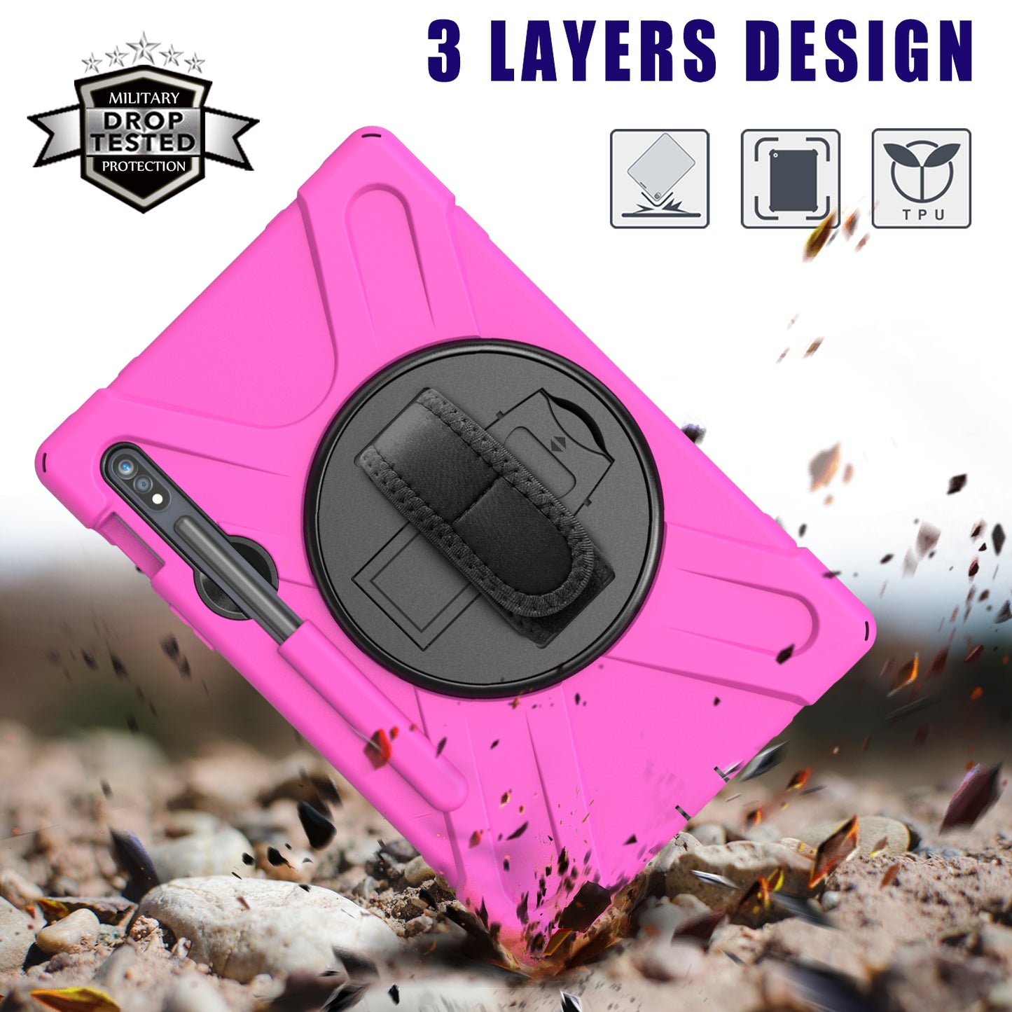 For Samsung Galaxy Tab S7 T870 T875 / S8 X700 / S9 X710 / S9 FE X510 360° Swivel Kickstand PC + Silicone Tablet Case - Rose